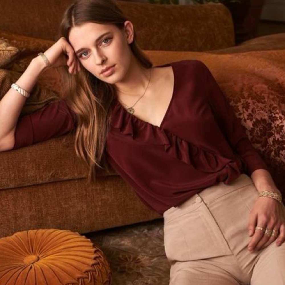 Sezane 100% Silk Quitterie Ruffle Front Blouse Burgundy Size 34 French US 2 Top